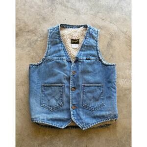 VTG 70s/80s Wrangler No Fault Denims Blue Sherpa-Lined Button Up Vest Size Small